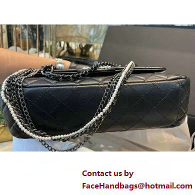 Chanel Leather Pearls  &  Silver-Tone Metal Large Flap Bag with Top Handle AS4221 Black 2023